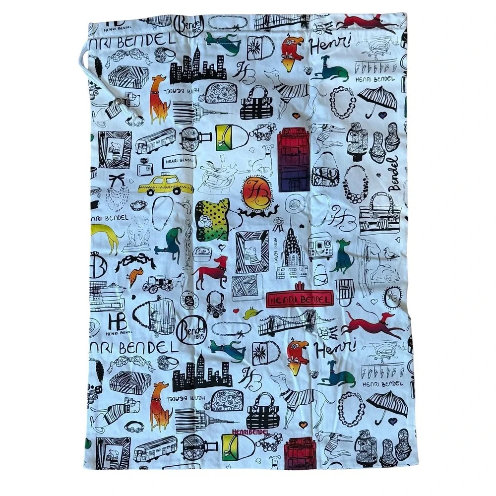 Henri Bendel Doodle Print Laundry Bag Travel Packable White Cotton NYC Rare